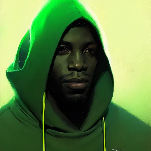 Image similar to portrait of a black man programmer with green hood by greg rutkowski, digital