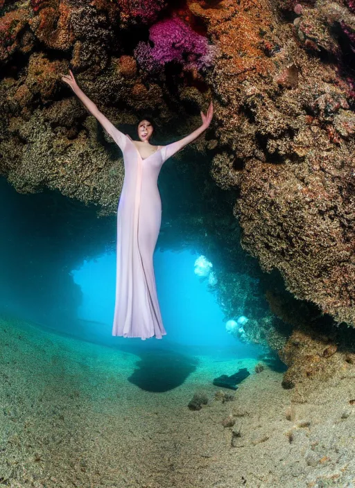 Prompt: empty long dress, floats underwater in the sea,