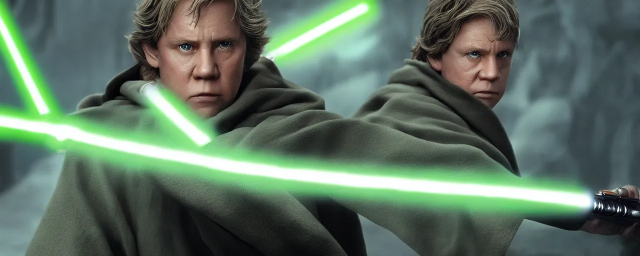 Image similar to Hyper realistic Jedi master Luke Skywalker with green lightsaber based on the last Jedi, 4K