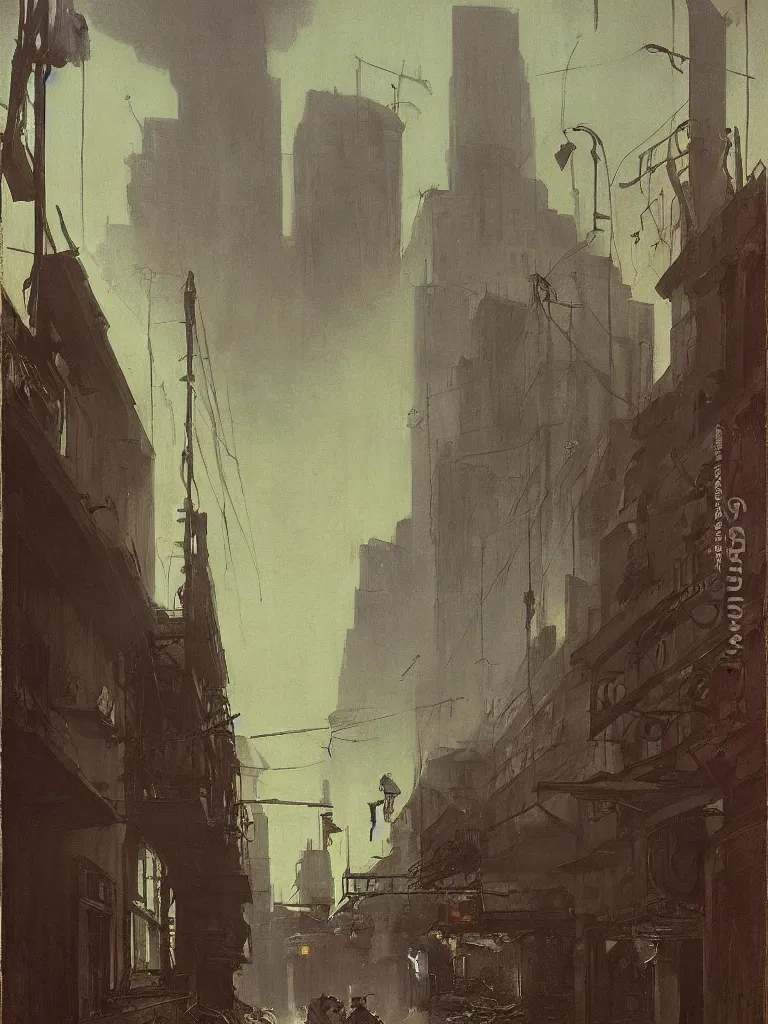 Prompt: a dark alley with abandoned buildings, a nightclub with neon signs, menacing skyline by carl spitzweg and edward hopper