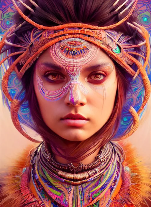 Image similar to hyper detailed ultra sharp of a beautiful tribal shaman trance girl. trending on artstation, warpaint aesthetic, earthwave, colorful, psychedelic, ornate, intricate, digital painting, concept art, smooth, sharp focus, illustration, art by artgerm and greg rutkowski and alphonse mucha, 8 k