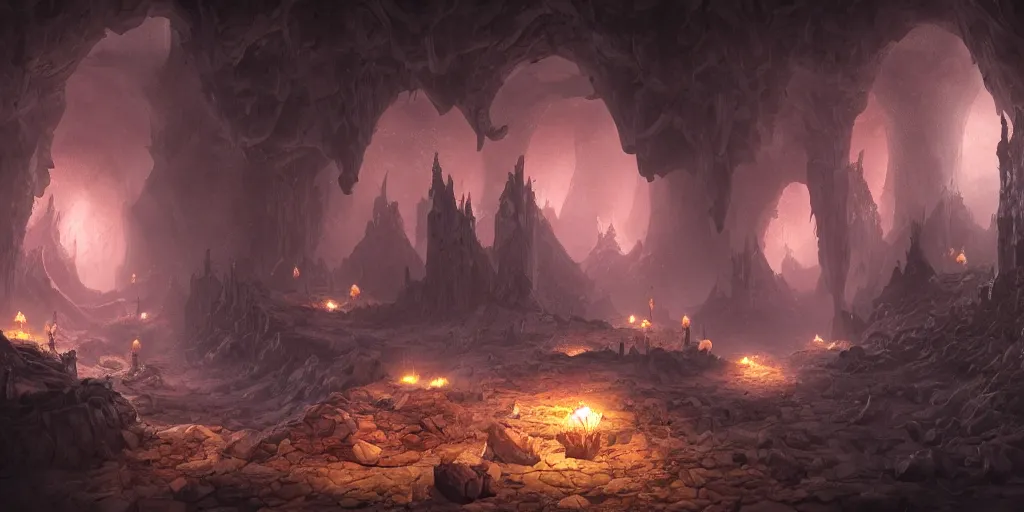 Image similar to fantasy matte painting of a cave with glowing crystals on the walls and piles of bones on the floor, fantasy, sharp focus, artstation