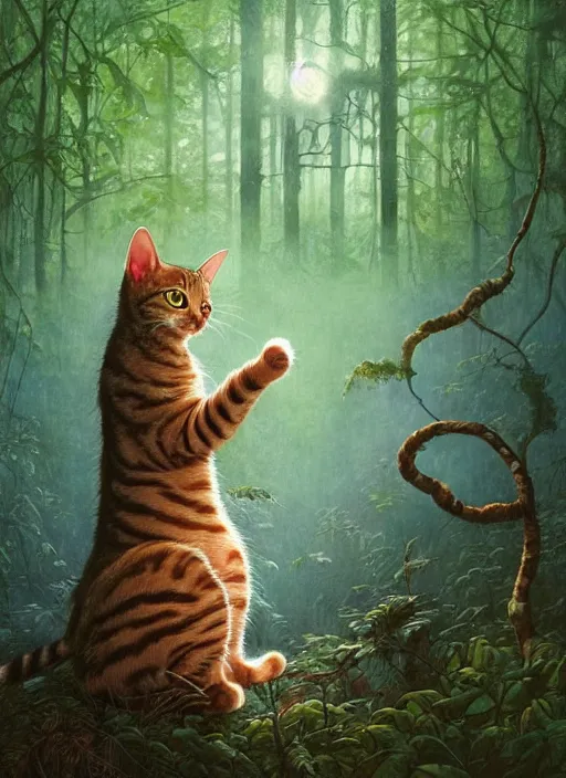 Image similar to a hyper realistic illustrated cat with happy lighting playing in the woods gorgeous lighting, sunbeams blue sky, lush forest foliage painting by chiara bautista and beksinski and norman rockwell and greg rutkowski weta studio, and lucasfilm