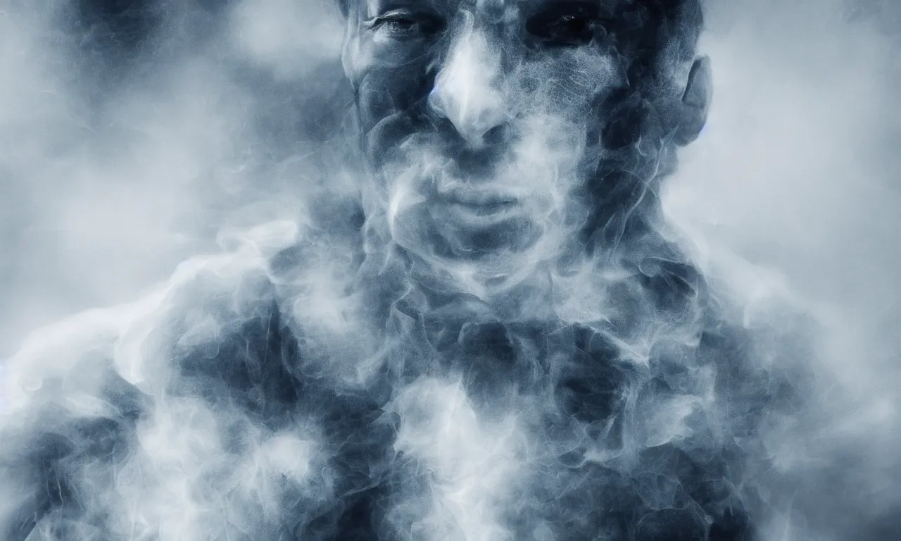 Image similar to portrait ghostly male figure, made of white and black smoke, warm light from behind, cinematic, hyper realistic, hyper detailed, octane render, blue eyes, 8K,