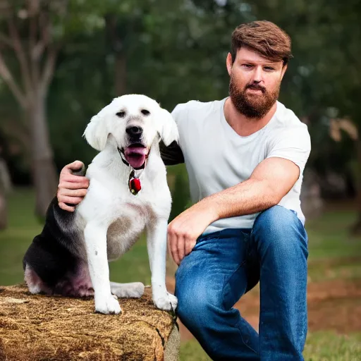 Prompt: the most chad man in the world with his dog, portrait photography