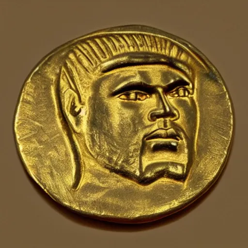 Prompt: ancient golden coin with the face of kanye west as the face of greek emperor