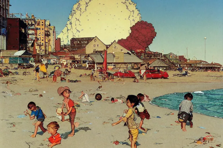 Image similar to kids playing at the beach, huge atomlc explosion in the background, wide angle shot, by norman rockwell, by mattias adolfsson,, oil on canvas by moebius and satoshi kon, hd, 4 k, high quality,