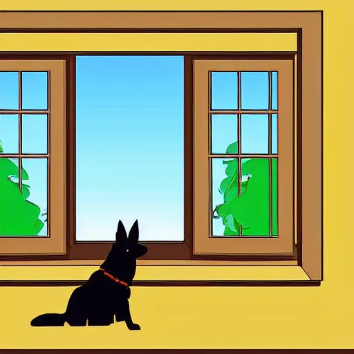 Prompt: a german shepherd puppy sits on the sofa near a bay window in a small cozy kitchen. in front of the sofa is a kitchen table made out of wood. lots of art hang on the kitchen walls. the puppy waits patiently and is looking out the window. outside it's warm and sunny. digital art in the style of bill watterson.