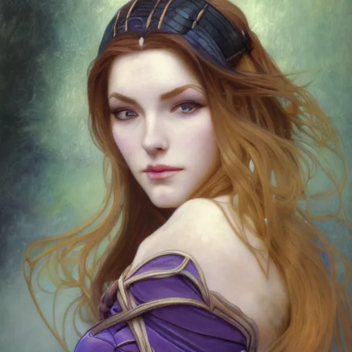 Image similar to Masterpiece head and shoulders portrait of Caitlyn from League of Legends of Arcane animated Series drawn by Donato Giancola and Makoto Shinkai, Edmund Leighton, Alphonse Mucha, background by James Jean and Gustav Klimt, 4k, porcelain skin, volumetric lighting, komorebi, french nouveau, trending on artstation, octane render, hyperrealistic