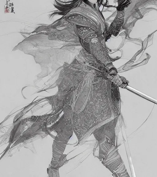 Image similar to hua mulan, pen and ink, intricate line drawings, by craig mullins, ruan jia, kentaro miura, greg rutkowski, loundraw