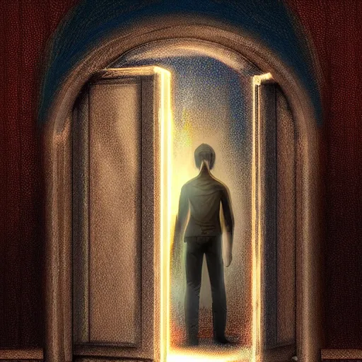 Image similar to a man through a mystical door leading to another dimension, fantasy, artstation detailed digital art