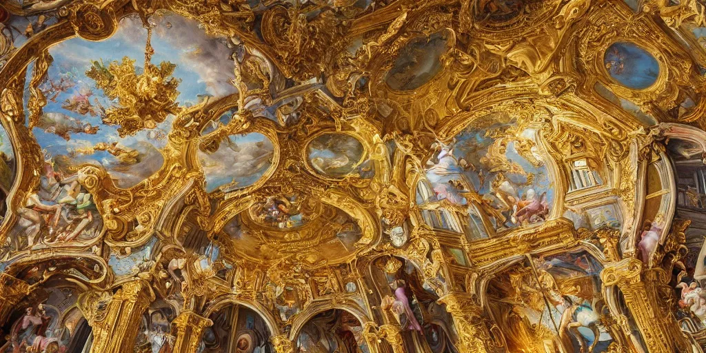 Prompt: beautiful ornate heavenly marble and gold rococo megastructure in the style of heironymus bosch, colorful light intricate masterpiece, hyper detailed, hd