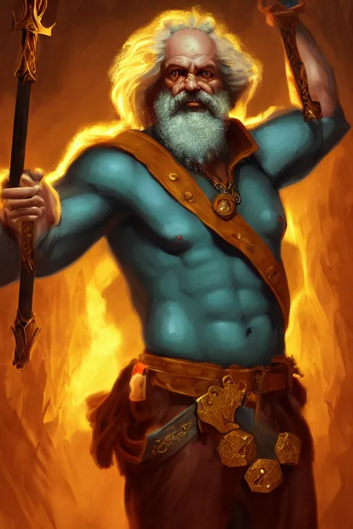 Image similar to character portrait karl marx as a buff wild magic barbarian with a third eye on the forehead and body warpaint, dungeons and dragons cover artwork, dynamic composition, dramatic lighting, trending on artstation, award winning art, stylized painting by sophie anderson, leonardo da vinci and raphael, concept art, 4 k, 8 k, gold and teal color scheme