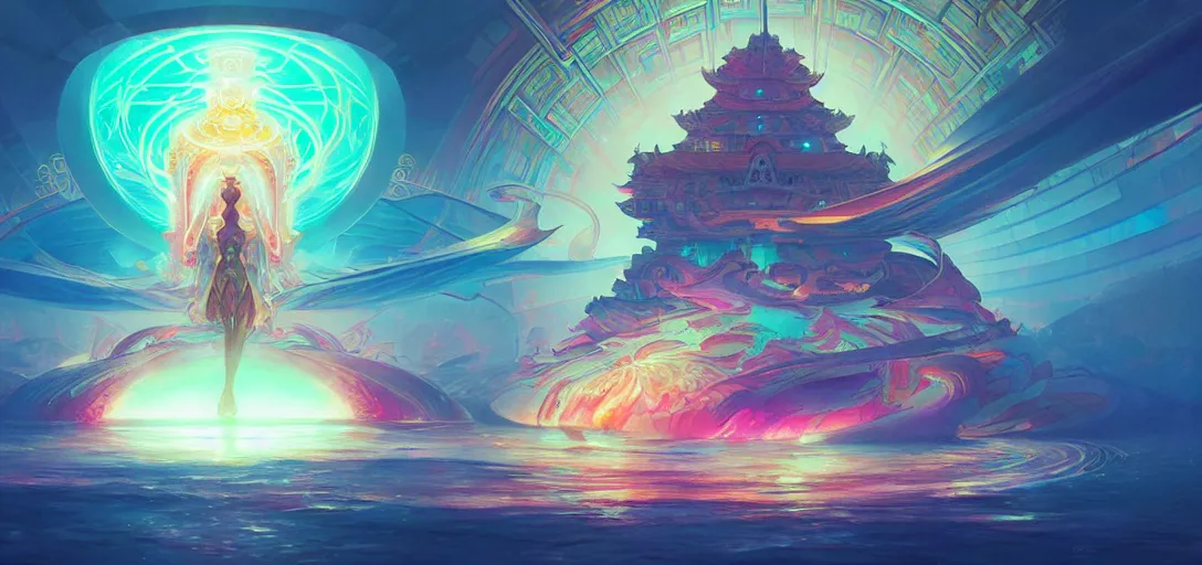 Image similar to a floating temple, channeling swirling energy, wearing netrunner clothing, vaporwave aesthetic, colorful, psychedelic, digital painting, artstation, concept art, smooth, sharp focus, illustration, art by artgerm and greg rutkowski and alphonse mucha