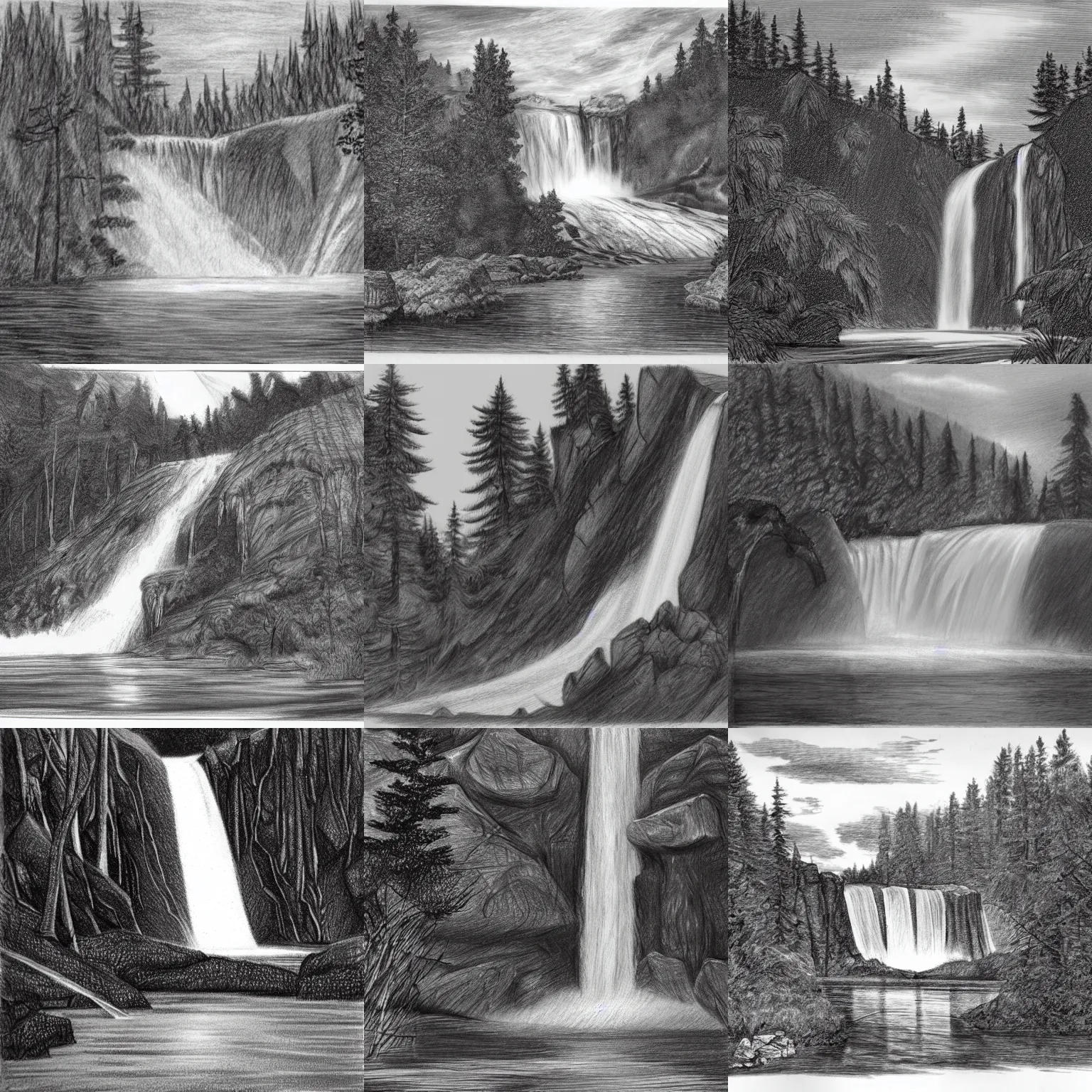 Image similar to A black and white pencil sketch of a huge waterfall flowing into a very large lake, surrounded by lots of trees and very rocky cliffs.