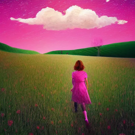 Prompt: giant pink daisy flower head, girl walking in wheat field, hills, surreal photography, dark night, star trails, dramatic light, impressionist painting, clouds, digital painting, artstation, simon stalenhag