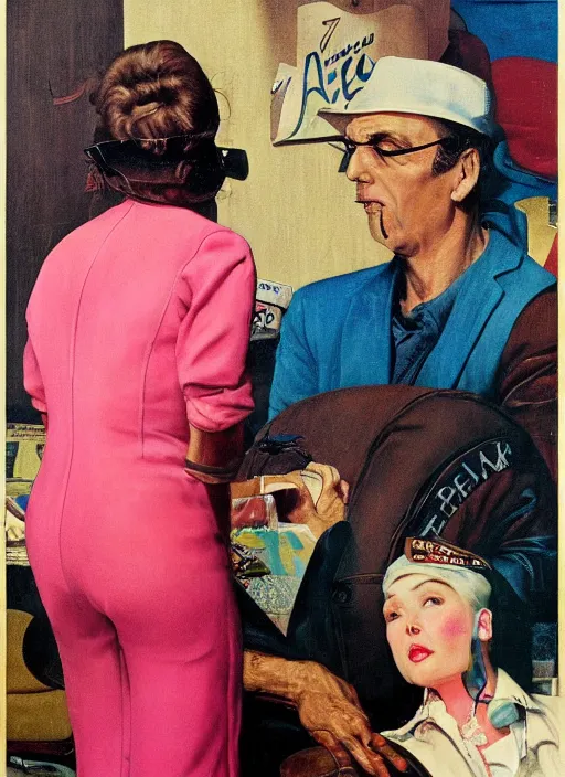 Image similar to dennis hopper berated by an air hostess in a hotel lobby, painted by norman rockwell and tom lovell and frank schoonover, pink and blue