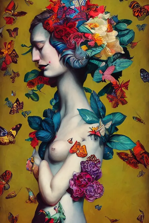 Prompt: illustration guy with exotic flowers on her head, flowers, butterflies, surrealist style, Collage Art by James Jean, masterpiece, Edward Hopper and James Gilleard, Ross Tran, Mark Ryden, Wolfgang Lettl, Yayoi Kasuma, vintage