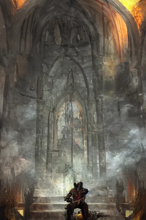 Image similar to Path of Exile, Sirius, bronze face, red eyes, male image with bronze black armor, sitting on the throne, inside the ruined gothic church, black shadows, dark red bloody fog fly around, [[blood]], Anachronism, painting, dark fantasy, steampunk, 4k, perfect quality,