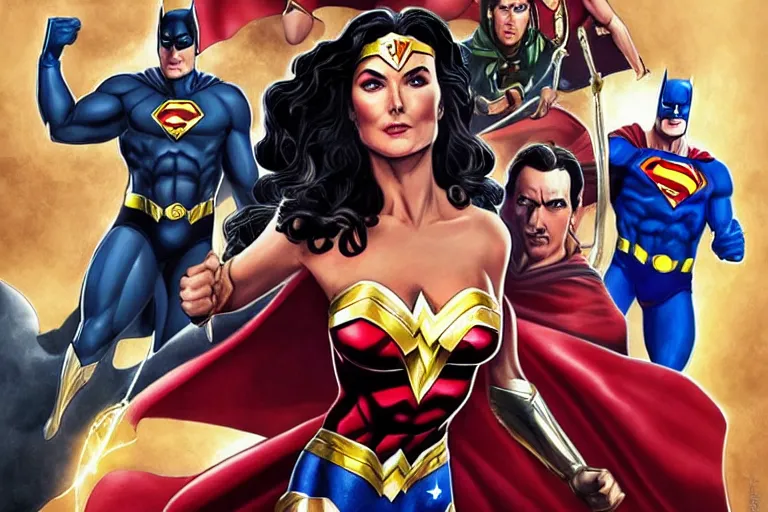 Image similar to DC Justice League with Lynda Carter as Wonder woman, Nicolas Cage as superman, Michael Keaton as Batman and Wesley Snipes as Flash cinematic lighting, intricate, elegant, highly detailed, digital painting, artstation, painted by Artgerm