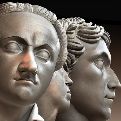 Image similar to mozart and beethoven and bach and liszt all standing next to each other, they're all statues, octane render, 8 k, highly detailed, hyper - realistic.