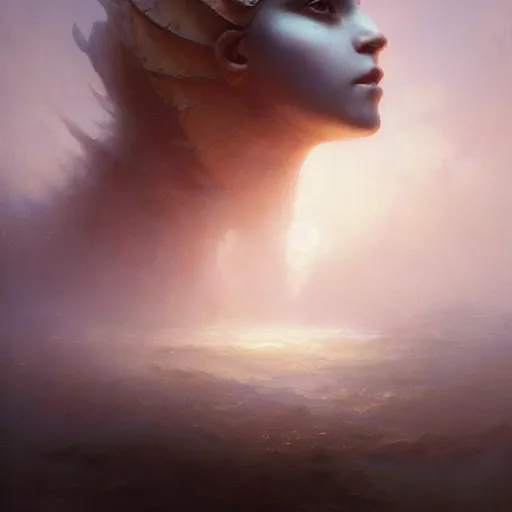 Image similar to ''cinematic shot'' portrait of palne sweaty skin beutiful face goddess of emotions cloudy lighting atmosferic realistic made by ivan aivazovsky, peter mohrbacher, greg rutkowski volumetric light effect broad light oil painting painting fantasy art style sci - fi art style realism premium prints available artwork unreal engine