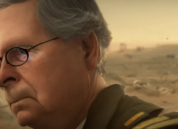 Prompt: close up cinematic artwork of mitch McConnell staring down the enemy on the battlefield by Greg Rutkowski, 4k, masterpiece