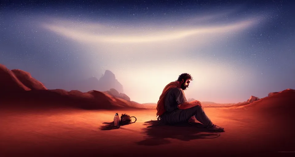 Image similar to a man resting in the desert at night, artstation