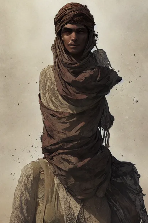 Prompt: a full body portrait of a beautiful post apocalyptic offworld desert bedouin blind beggar by the well, intricate, elegant, highly detailed, digital painting, artstation, concept art, smooth, sharp focus, illustration, art by krenz cushart and artem demura and alphonse mucha