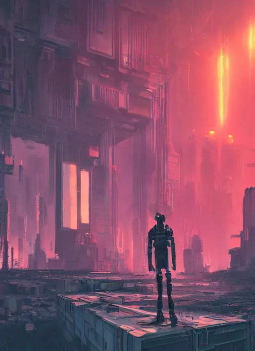 Image similar to a painting of a giant robot standing in front of a post apocalyptic city ruins, cyberpunk art by beeple, artstation hd, dystopian art, apocalypse art, sci - fi, glowing neon lights anamorphic lens flare