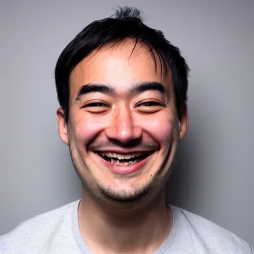 Prompt: joji grinning at the camera with his head being slightly tilted to the right, lots of grain, red reflection in eyes, dark pitch black background.