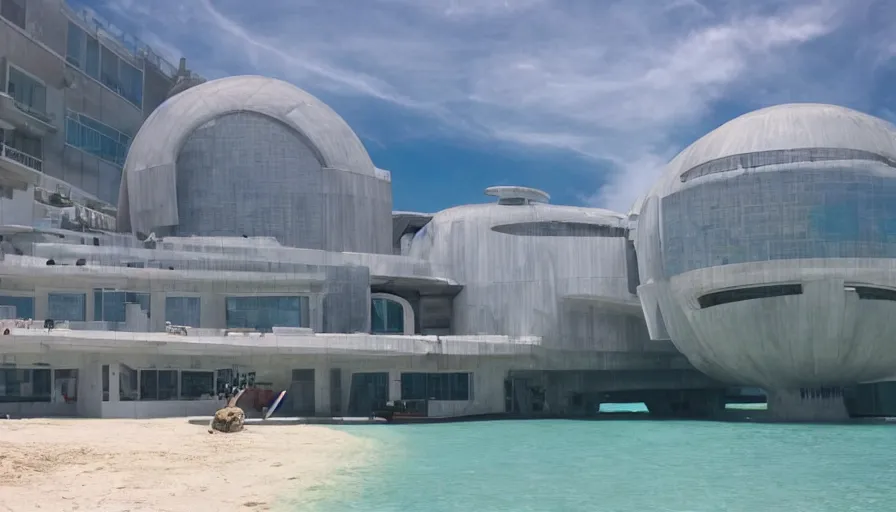 Image similar to Big budget movie, a futuristic building under the ocean