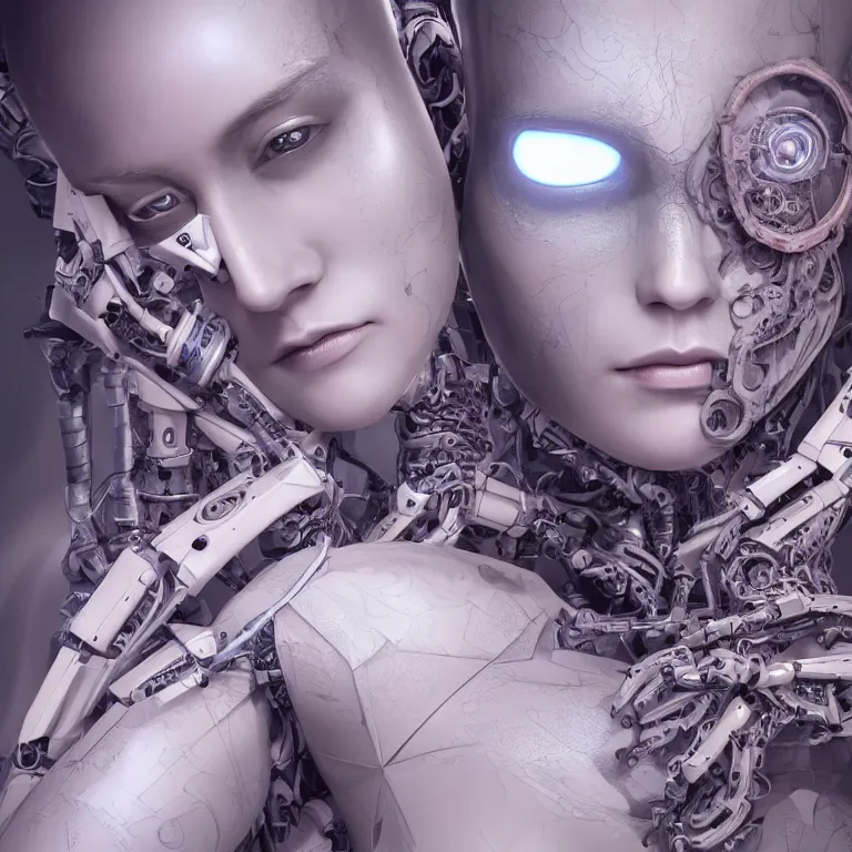 Image similar to an extremely beautiful biomechanical female looking robot with large fractal tattoos, chimeric organism, pale skin, organic polycarbon, full frontal portrait, ex machina, highly detailed, mendelbrot fractal, ray tracing, hyperdetailed, hyperrealistic, oppai cyberpunk, octane render, hdri, 4 k