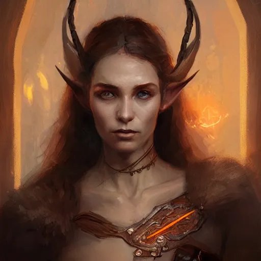 Image similar to portrait of an elven woman with small copper horns and copper scales covering her arm and neck, by greg rutkowski, trending on artstation, dungeon and dragons art