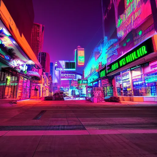 Image similar to cyberpunk photo of downtown Mesa Arizona, 2077, photorealistic, highly detailed, colorful, neon, night time, 4k