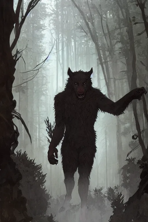 Image similar to fullbody portrait of a male werewolf, bared teeth, long claws, dark forest at night, by greg rutkowski and alphonse mucha, gradient brown to silver, highly detailed, digital painting, artstation, concept art, smooth, sharp focus illustration