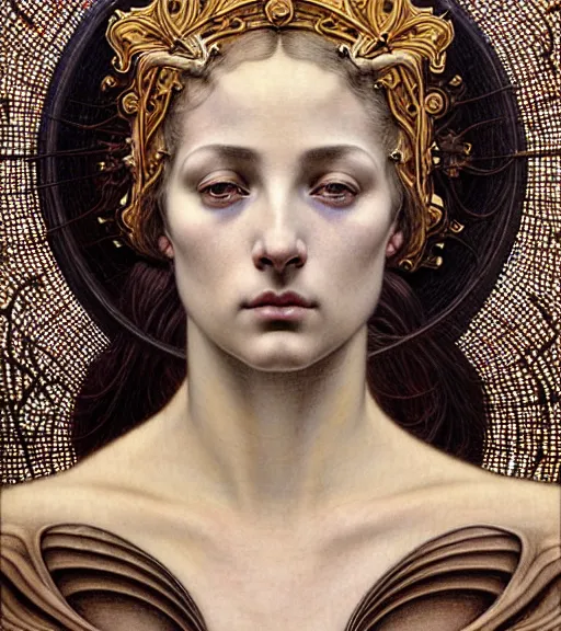 Prompt: detailed realistic beautiful young medieval sade face portrait by jean delville, gustave dore and marco mazzoni, art nouveau, symbolist, visionary, gothic, pre - raphaelite. horizontal symmetry by zdzisław beksinski, iris van herpen, raymond swanland and alphonse mucha. highly detailed, hyper - real, beautiful, fractal baroque