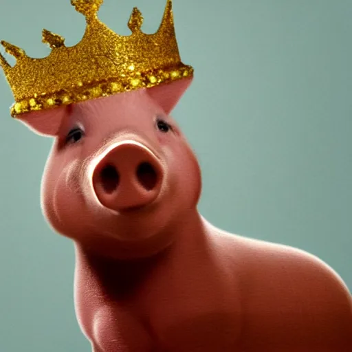 Image similar to a pig wearing a gold crown in the style of Chuck Jones