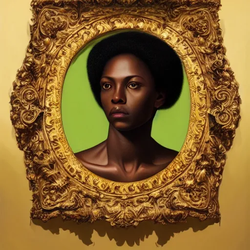 Prompt: A portrait of a thin trendy and gorgeous non-binary person, dark black skin tone, oil painting by Kehinde Wiley, majestic, detailed, high resolution