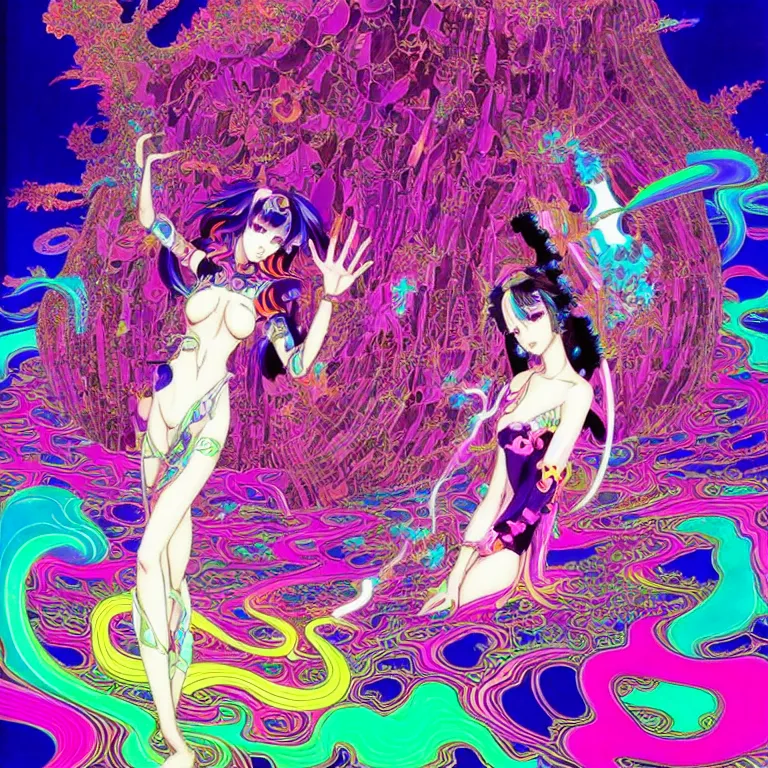 Prompt: psychedelic anime girls infinite fractal worlds bright neon colors highly detailed cinematic eyvind earle tim white philippe druillet roger dean lisa frank aubrey beardsley