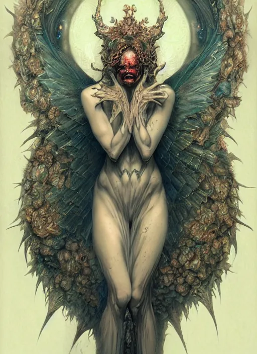 Image similar to perfectly centered portrait front view of a angry dead rotten beautiful female angel growing ornamentation all around, ornate, detailed, symmetrical, elegant, beautifully soft lit, by wayne barlowe, peter mohrbacher, kelly mckernan