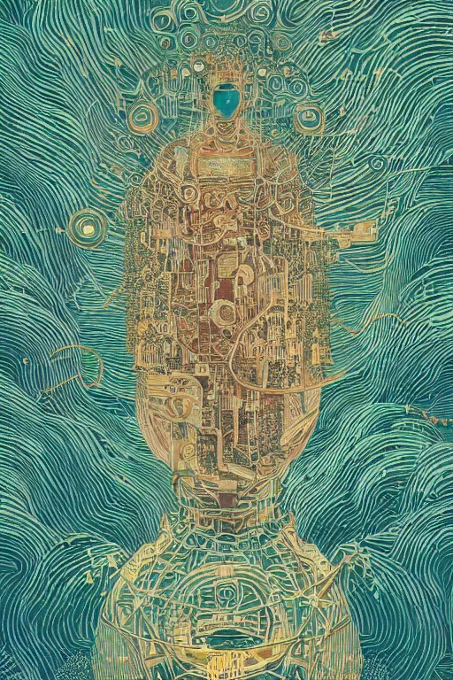 Image similar to detailed illustration of a technological deity by victo ngai