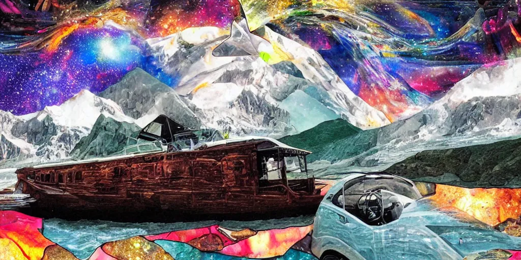 Prompt: river stars galaxy boat mountain phone car, collage artwork