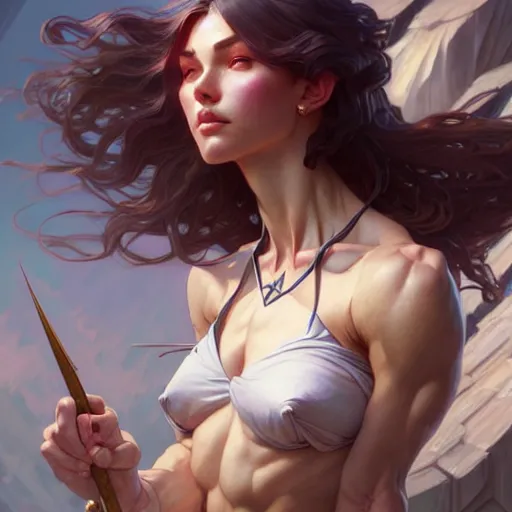 Prompt: A girl fantasy upper body, D&D, muscular, fantasy, intricate, elegant, highly detailed, digital painting, artstation, concept art, smooth, sharp focus, illustration, art by artgerm and greg rutkowski and alphonse mucha