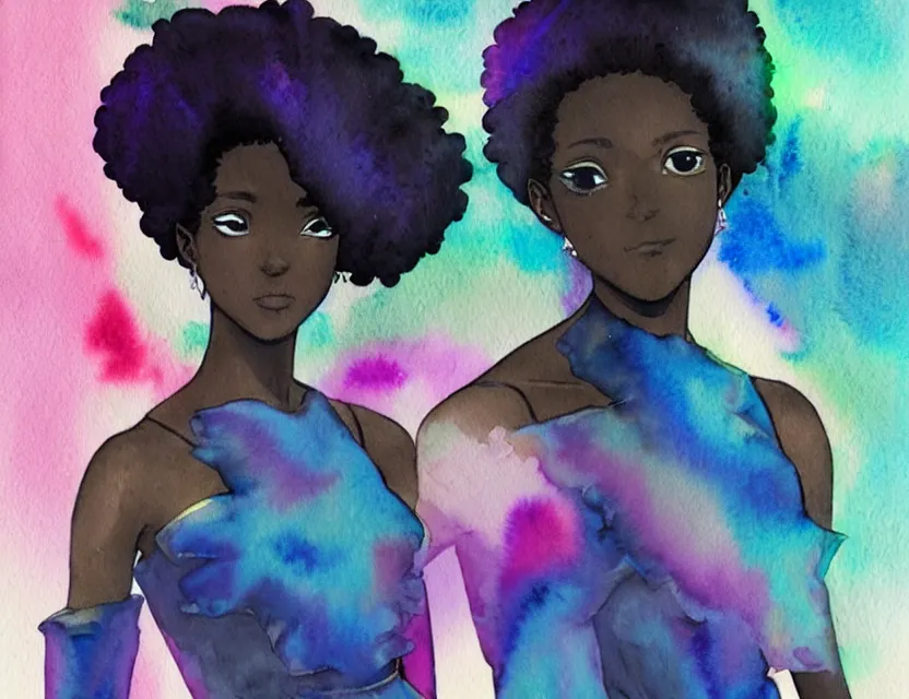 Prompt: black - skinned princess in a labradorite palace, wearing an elegant dress with vaporwave elements. this watercolor painting by the award - winning mangaka has an interesting color scheme and impeccable lighting.