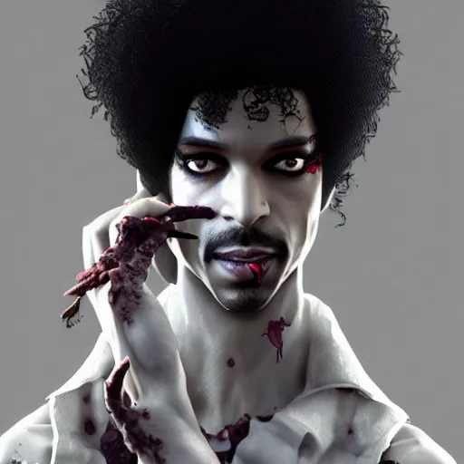 Prompt: eighties prince the singer as a zombie eating flesh, 7 days to die zombie, fine art, award winning, intricate, elegant, sharp focus, cinematic lighting, highly detailed, digital painting, 8 k concept art, art by guweiz and z. w. gu, masterpiece, trending on artstation, 8 k