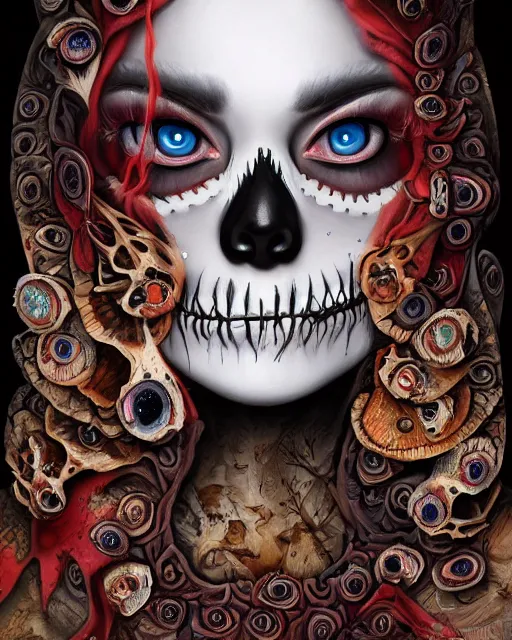 Image similar to a surrealistic head and shoulder painting of a gorgeous female skeleton with cat eyeballs and lipstick and hoodie, in the style of lise deharme, digital art, detailed masterpiece