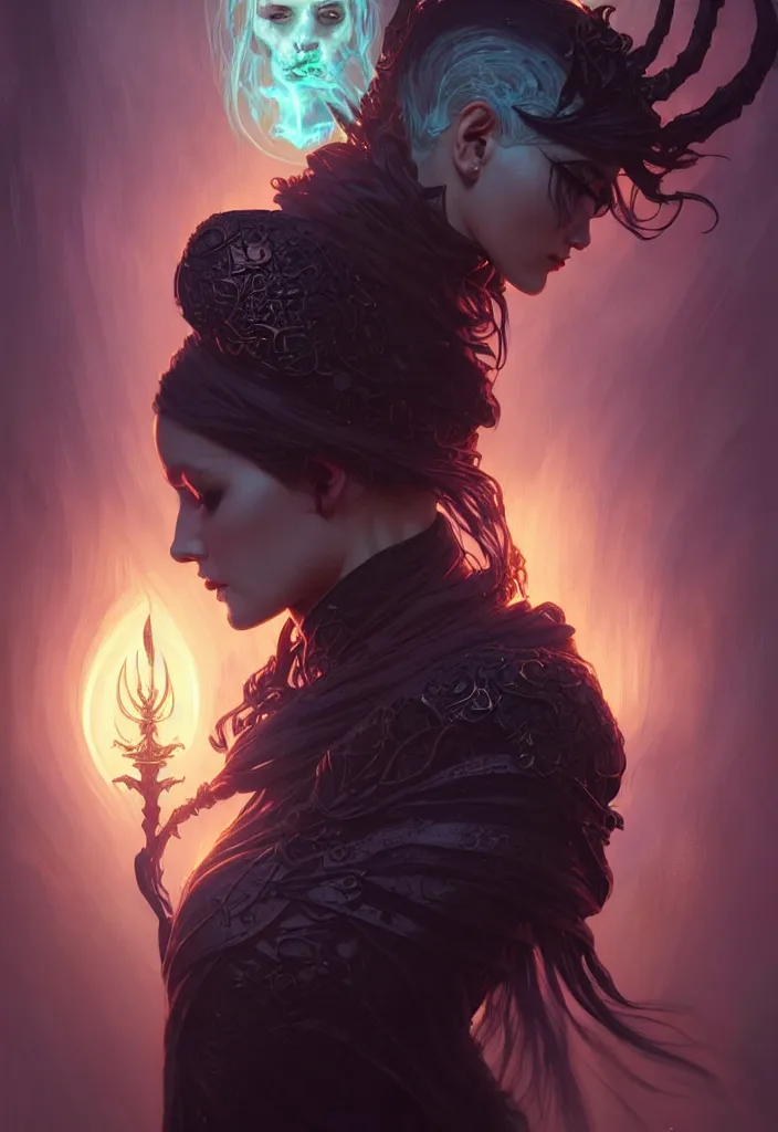 Image similar to Necromancer Sorceress filled background around face, fantasy magic, undercut hairstyle, dark light night, intricate, elegant, sharp focus, illustration, highly detailed, digital painting, concept art, matte, art by WLOP and Artgerm and Greg Rutkowski and Alphonse Mucha, masterpiece