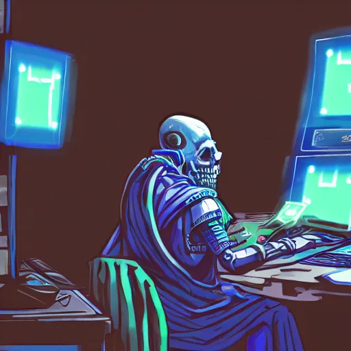 Image similar to a lich sitting in front of a computer writing code, phylactery in his other hand, cyberpunk style