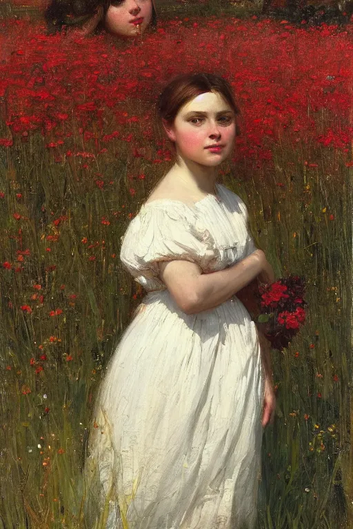 Image similar to Solomon Joseph Solomon and Richard Schmid and Jeremy Lipking victorian genre painting portrait painting of a young cottagecore girl in an open field of flowers, red background